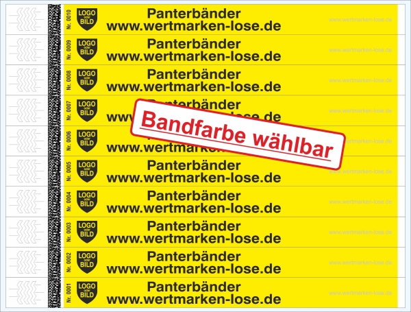 Panterbänder - Einlassbänder - Kontrollbänder - 1/0 Schwarzer Druck [Text + Logo änderbar]